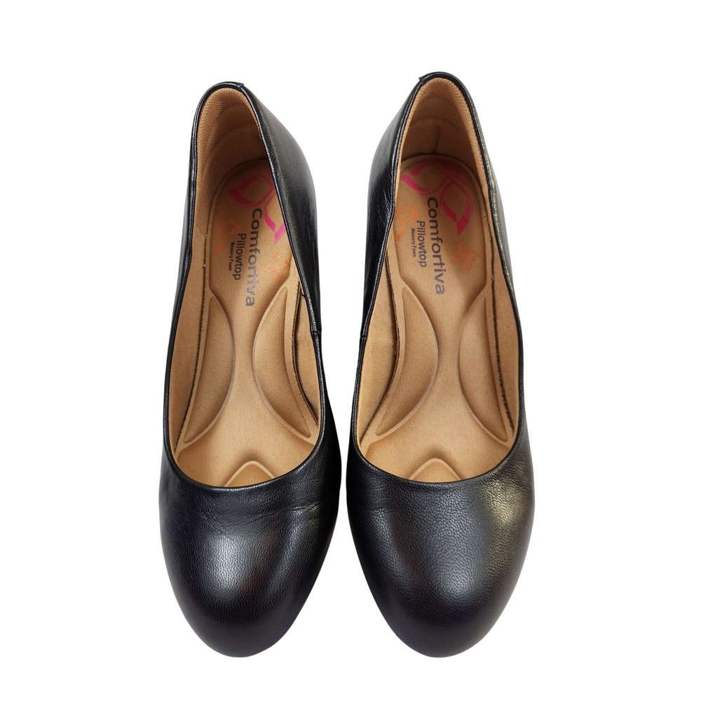 Comfortiva Pillowtop Amora Black Leather Pumps Round Toe Block‎ Heel Womens 10WW